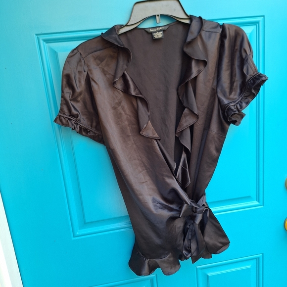 Wrap-Around Top Vintage Black Satin Ruffle Puff Sleeve Blouse - Picture 2 of 16